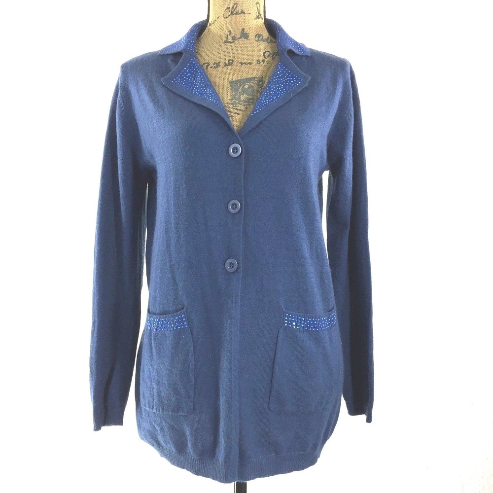 Odemai‎ Cardigan 1 MED Blue Shiny Bead Elbow Patch Soft Angora Sweater Pocket